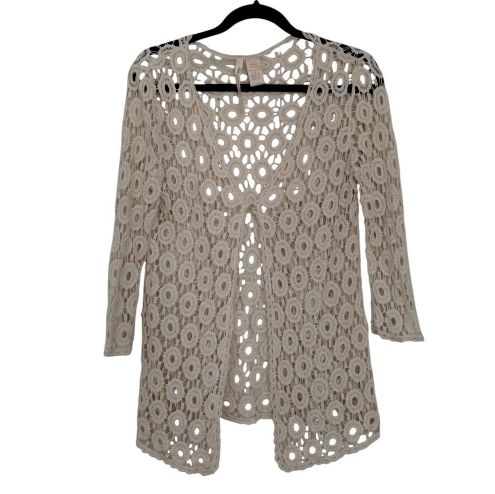 Forgotten Grace Crochet Cotton Beige Cardigan Women's Size Medium Sheer